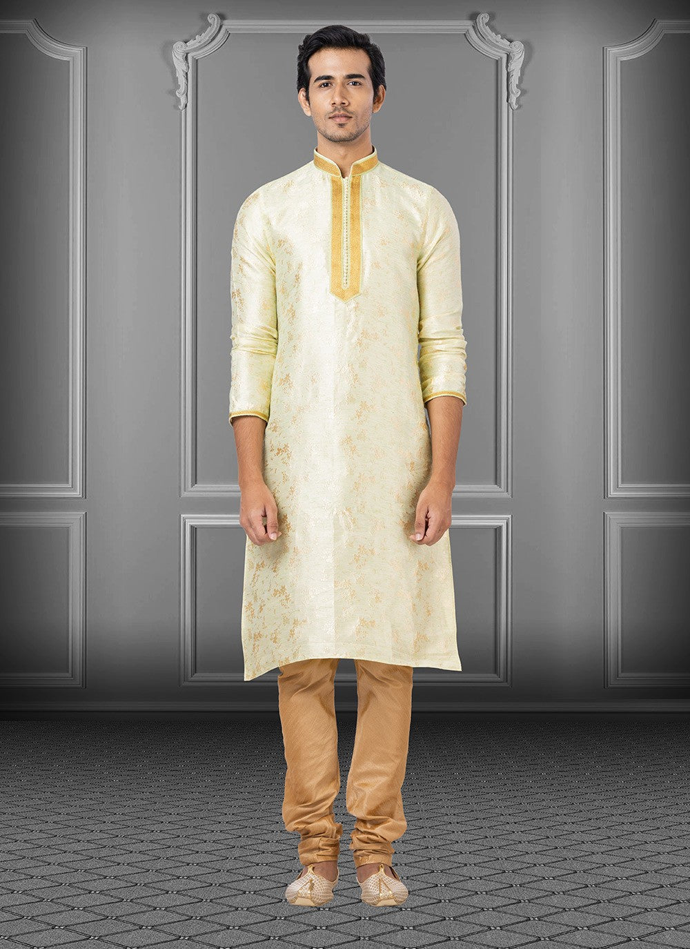 Foliage Prints Linen, Silk Cream Kurta Pyjama - M3667