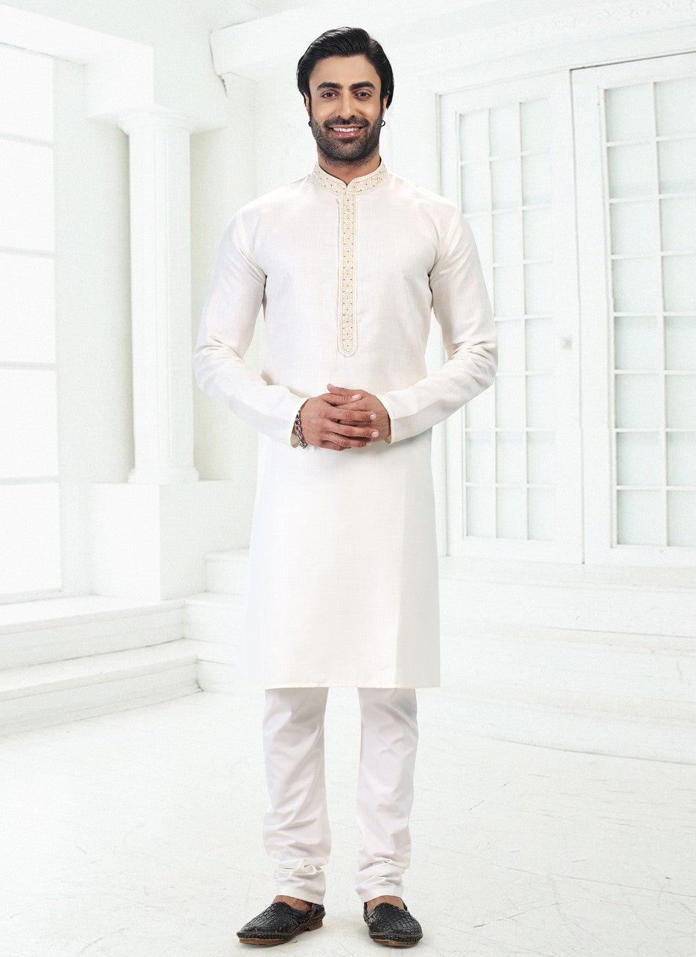 Thread Cotton , Linen Cream Kurta Pyjama - M4887