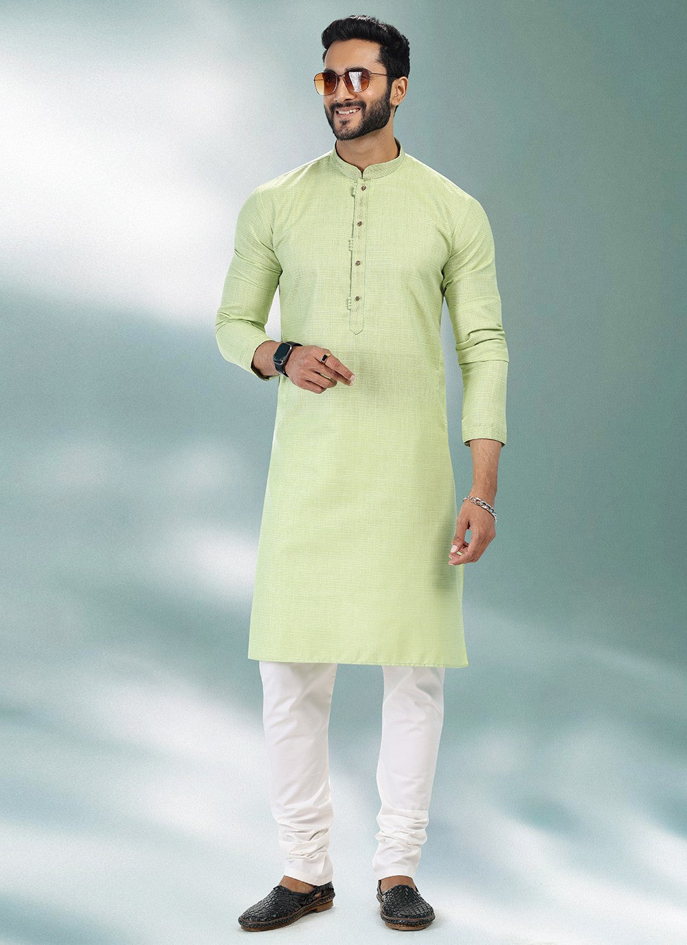 Plain Cotton , Linen Green Kurta Pyjama - M4908