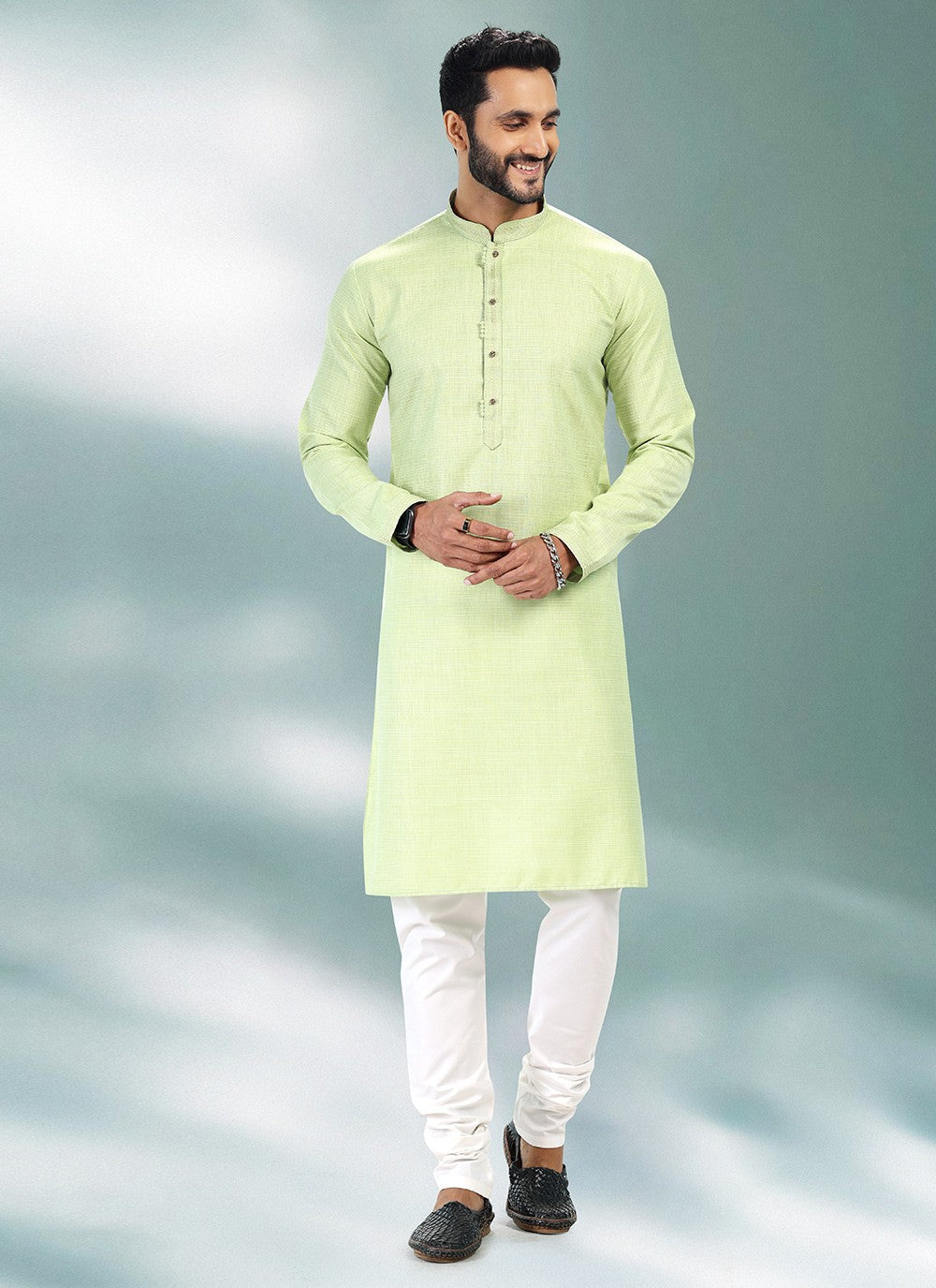 Plain Cotton , Linen Green Kurta Pyjama - M4908