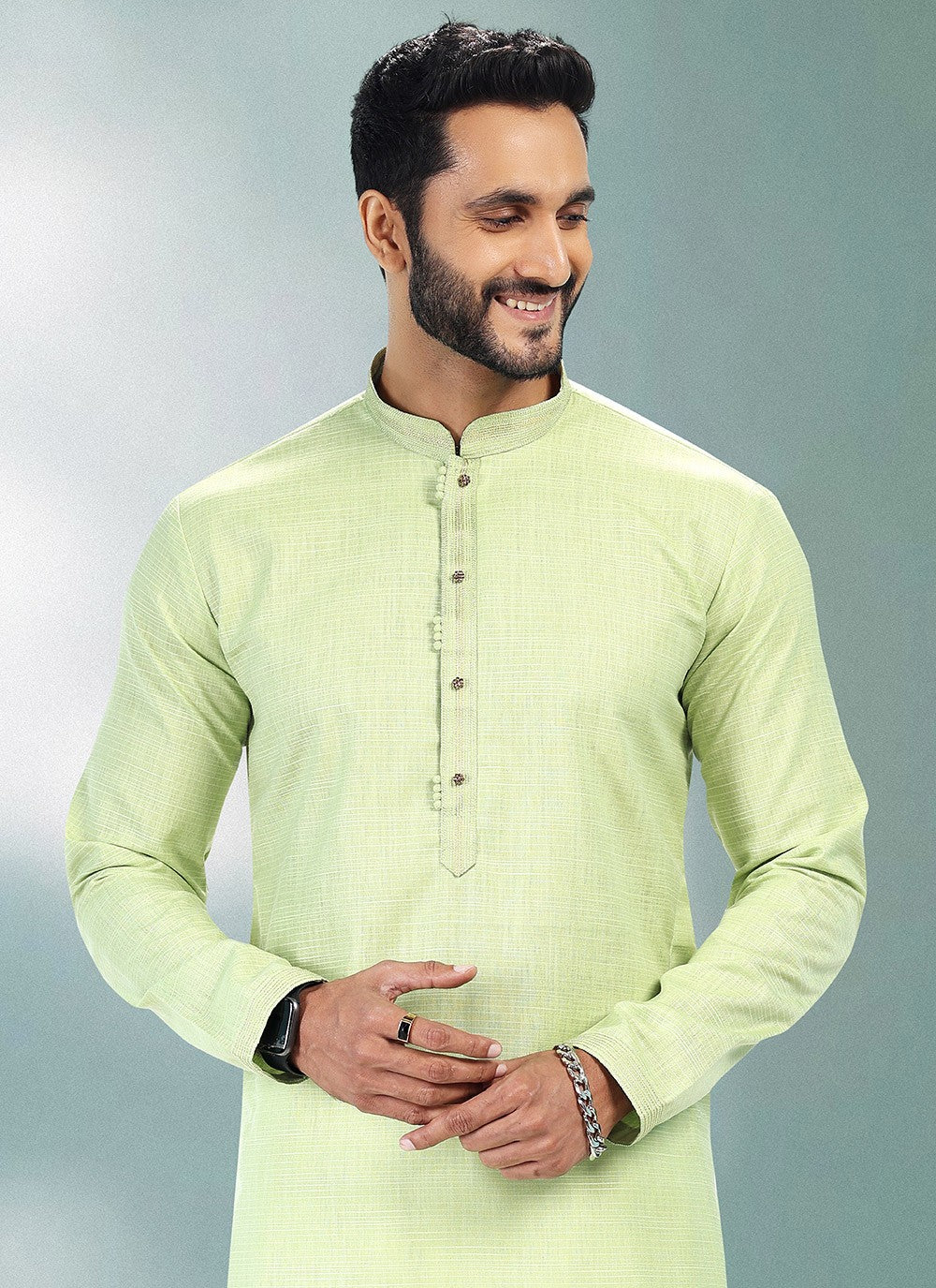 Plain Cotton , Linen Green Kurta Pyjama - M4908