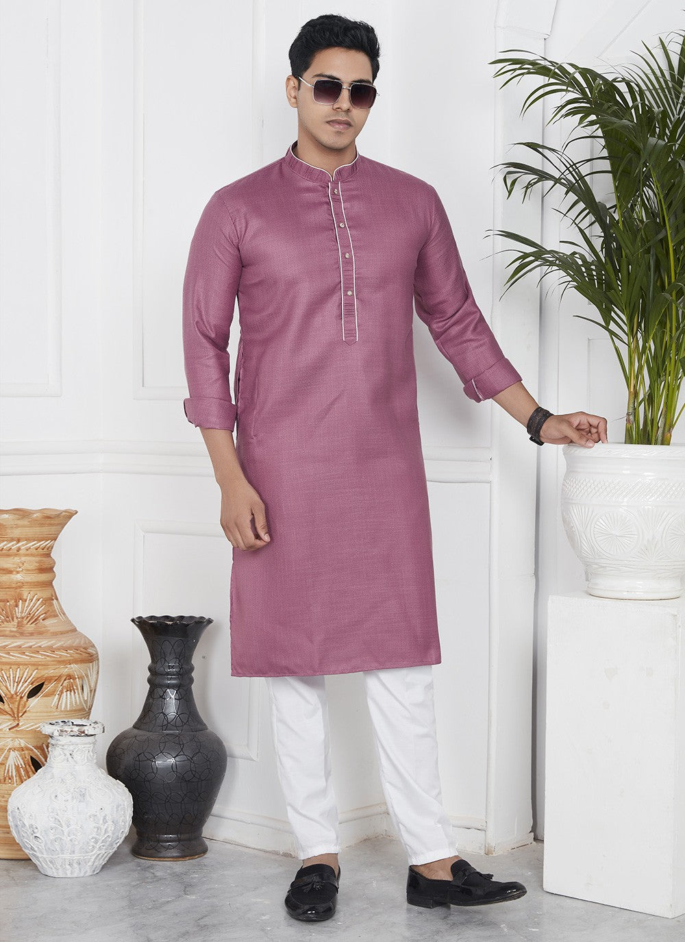 Fancy Work Cotton , Linen Mauve Kurta Pyjama - M7104