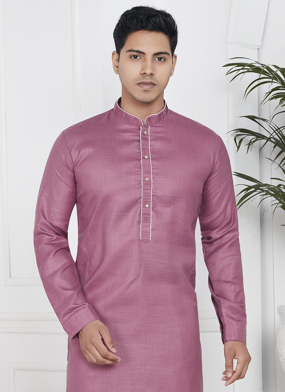 Fancy Work Cotton , Linen Mauve Kurta Pyjama - M7104