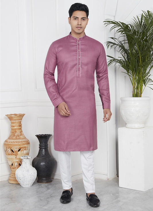 Fancy Work Cotton , Linen Mauve Kurta Pyjama - M7104