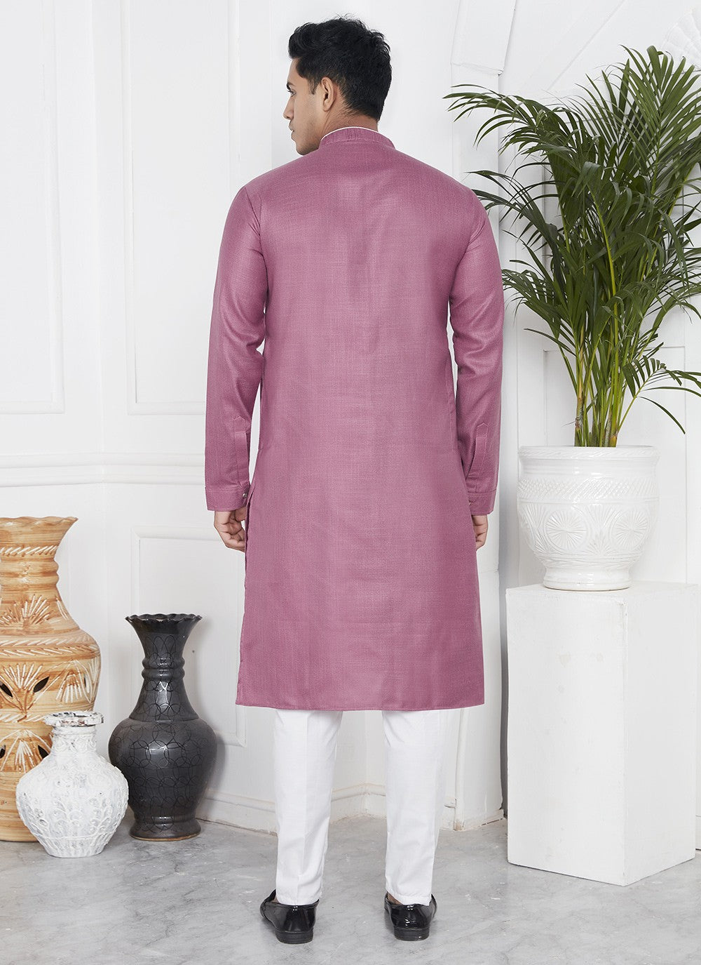 Fancy Work Cotton , Linen Mauve Kurta Pyjama - M7104