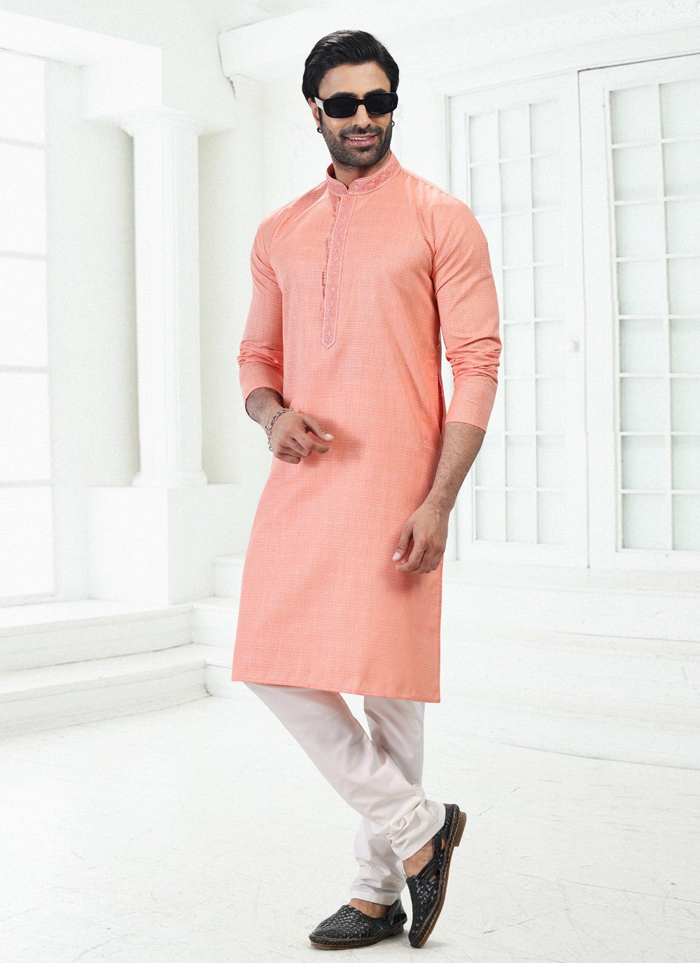 Thread Cotton , Linen Pink Kurta Pyjama - M4894