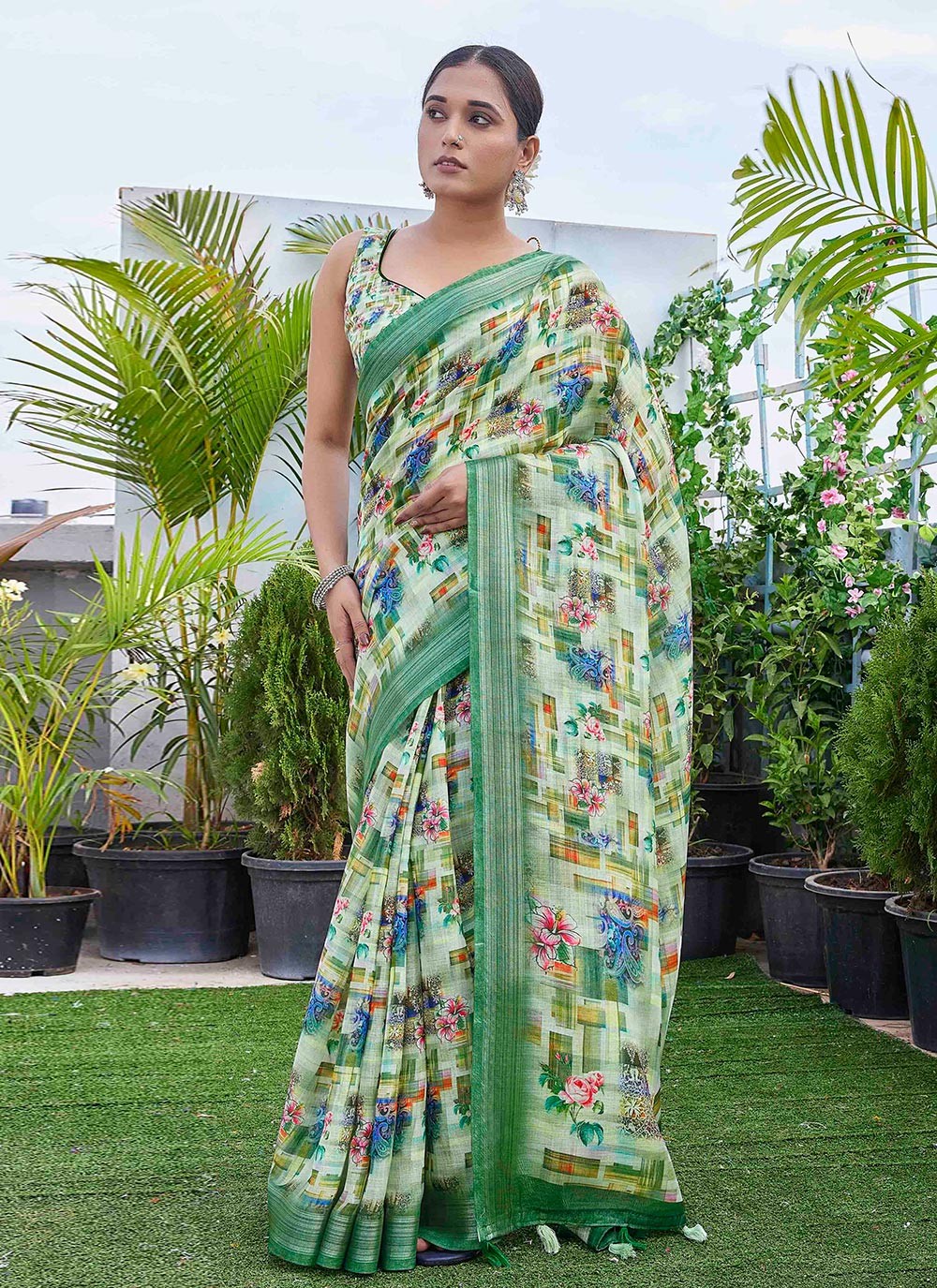 Contemporary Digital Print Linen Green Saree - S11017