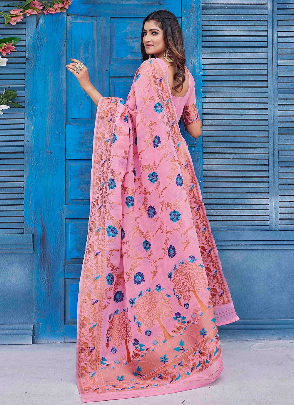 Classic Digital Print Linen Pink Saree - S10937