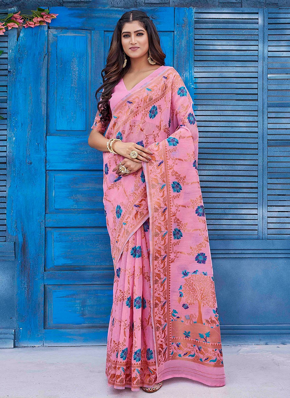 Classic Digital Print Linen Pink Saree - S10937