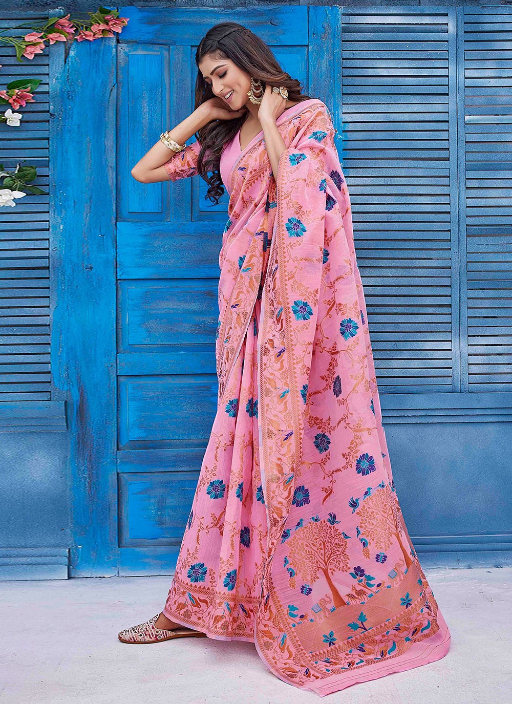 Classic Digital Print Linen Pink Saree - S10937