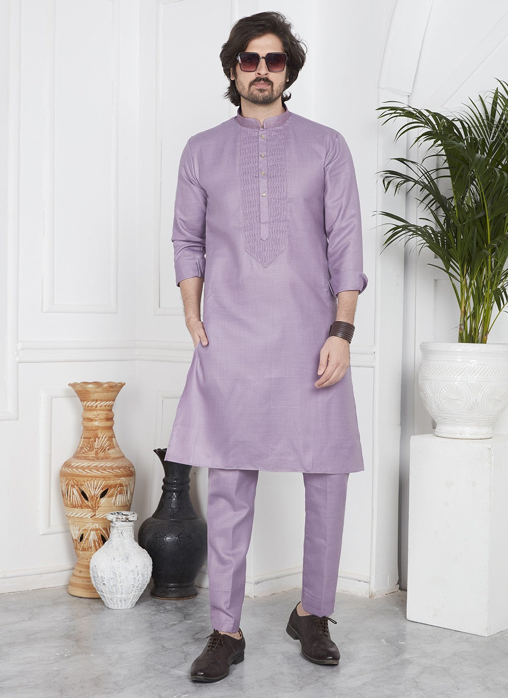 Fancy Work Cotton , Linen Purple Kurta Pyjama - M7091