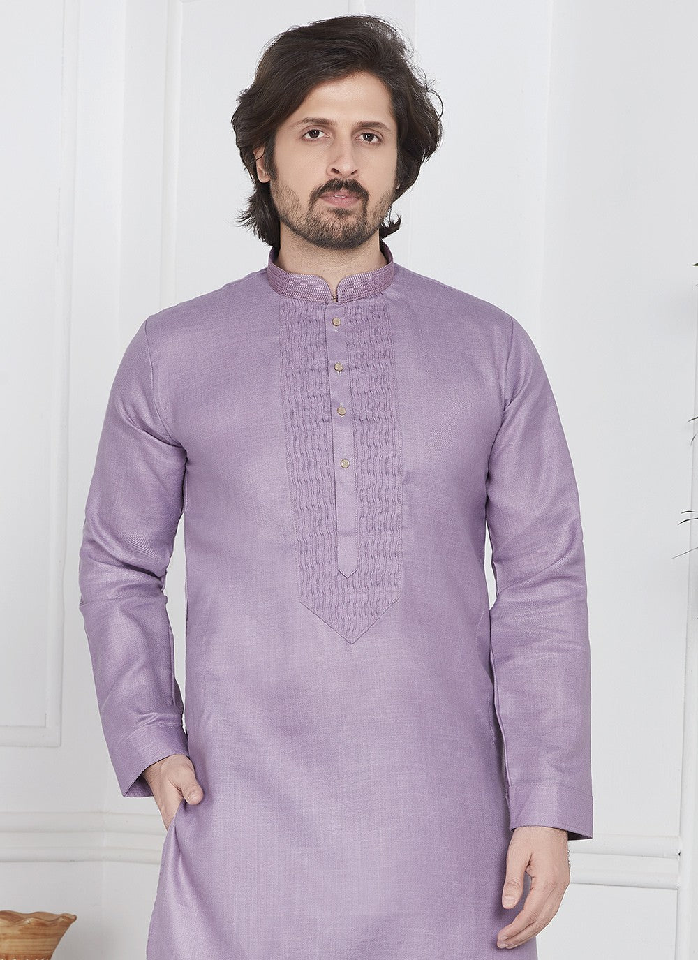 Fancy Work Cotton , Linen Purple Kurta Pyjama - M7091