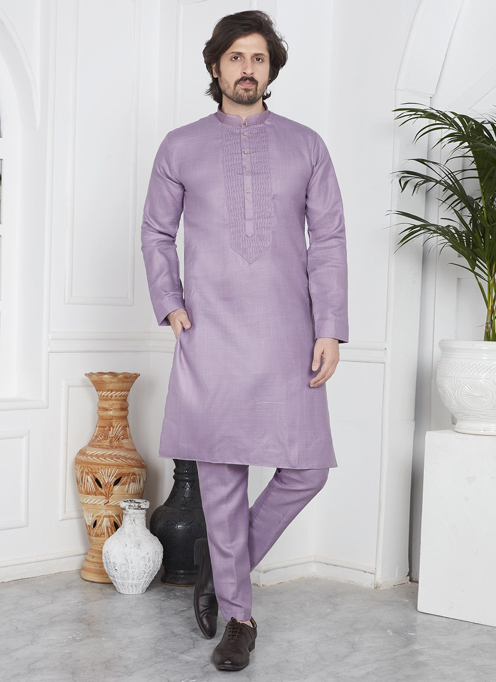 Fancy Work Cotton , Linen Purple Kurta Pyjama - M7091