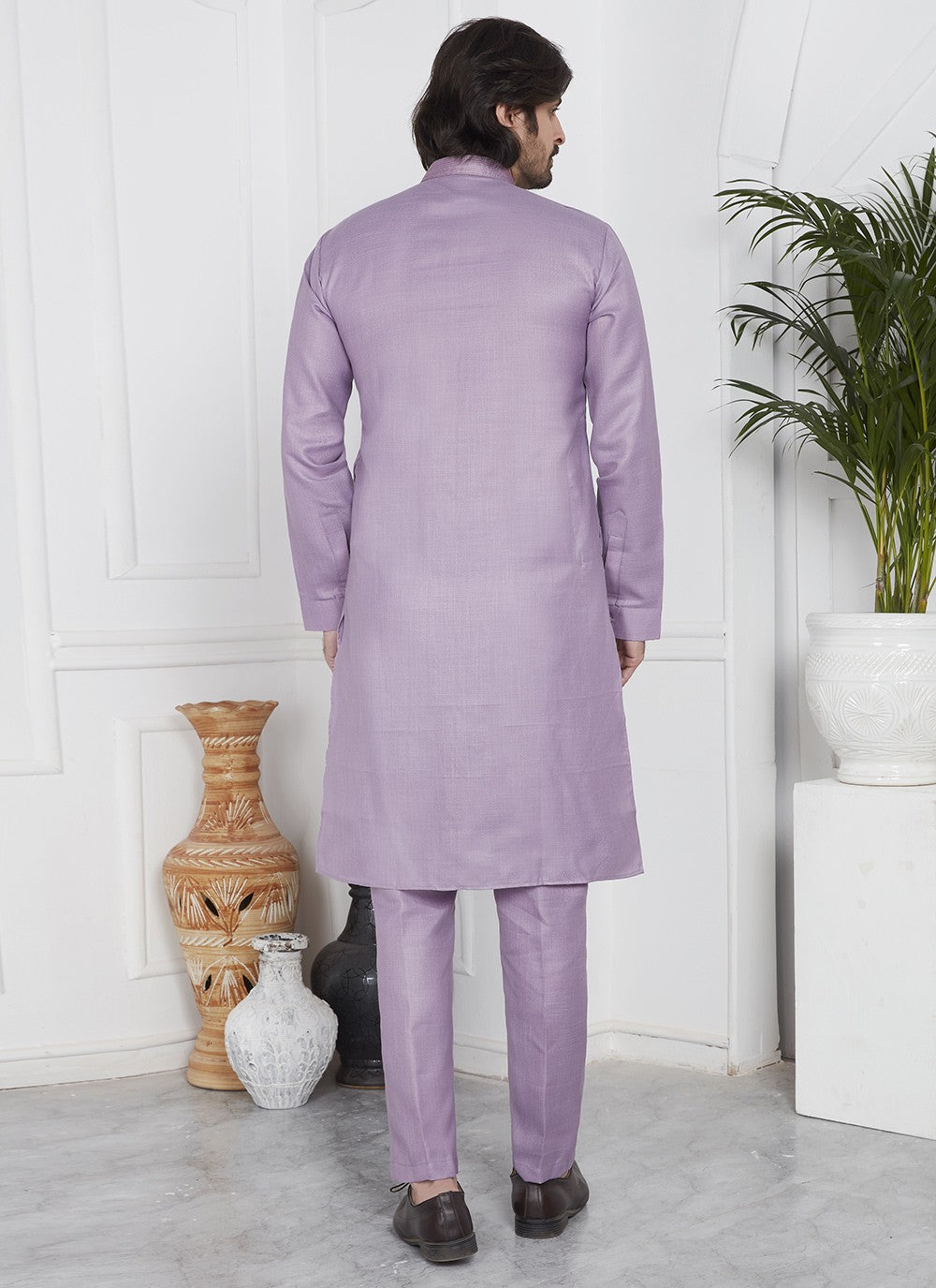 Fancy Work Cotton , Linen Purple Kurta Pyjama - M7091