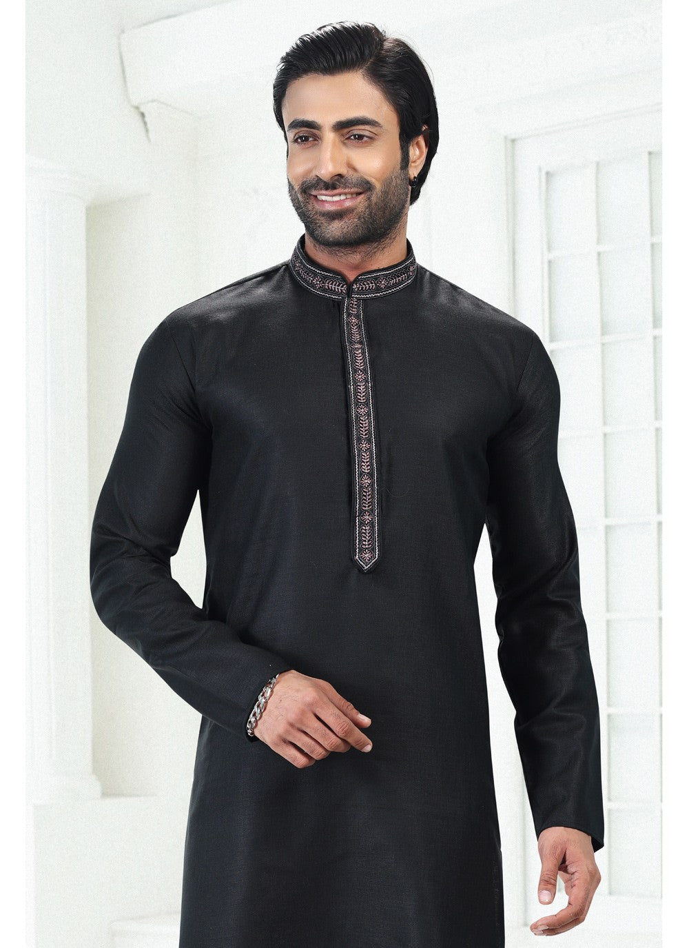 Thread Cotton , Linen Black Kurta Pyjama - M4892