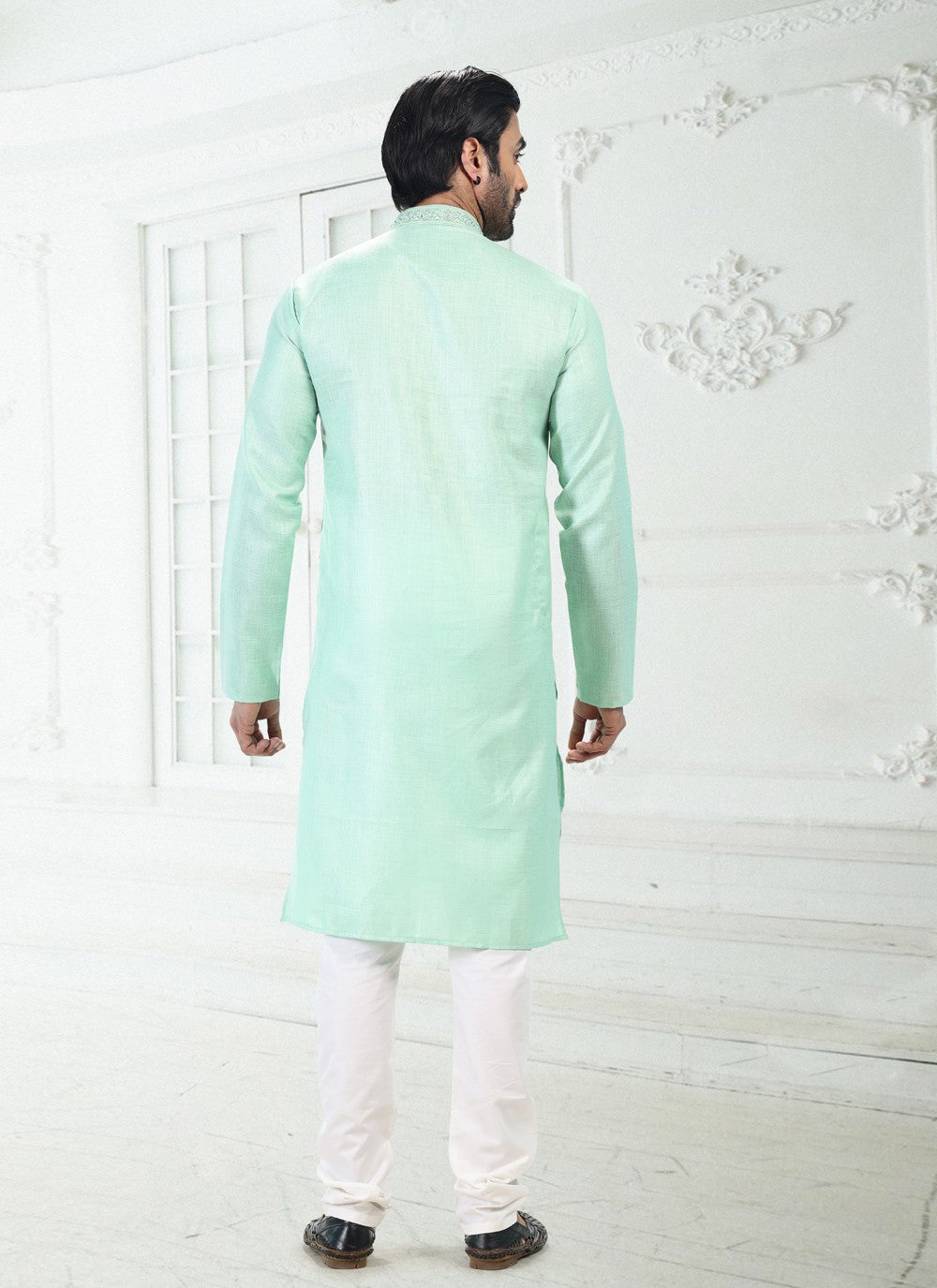 Thread Cotton , Linen Green Kurta Pyjama - M4886