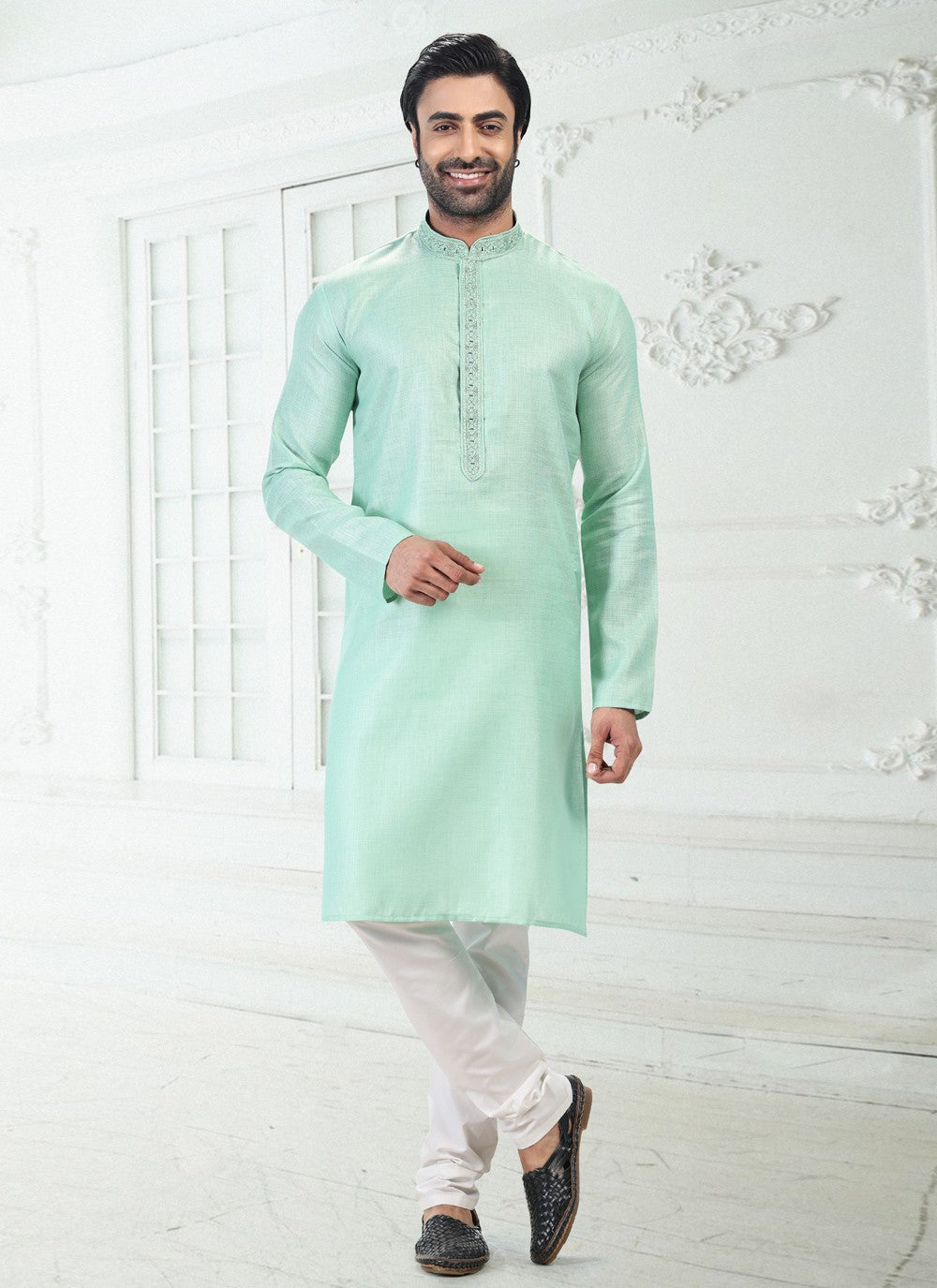 Thread Cotton , Linen Green Kurta Pyjama - M4886