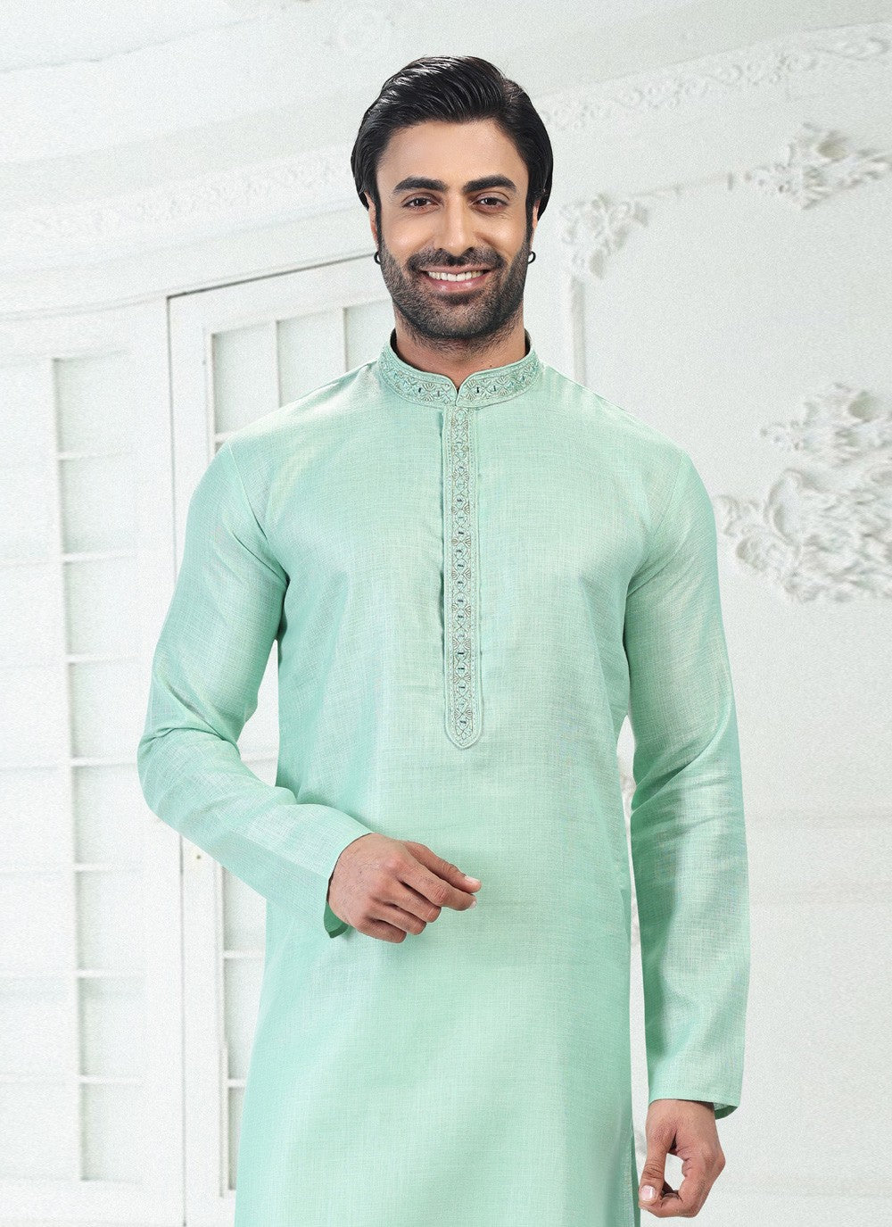 Thread Cotton , Linen Green Kurta Pyjama - M4886