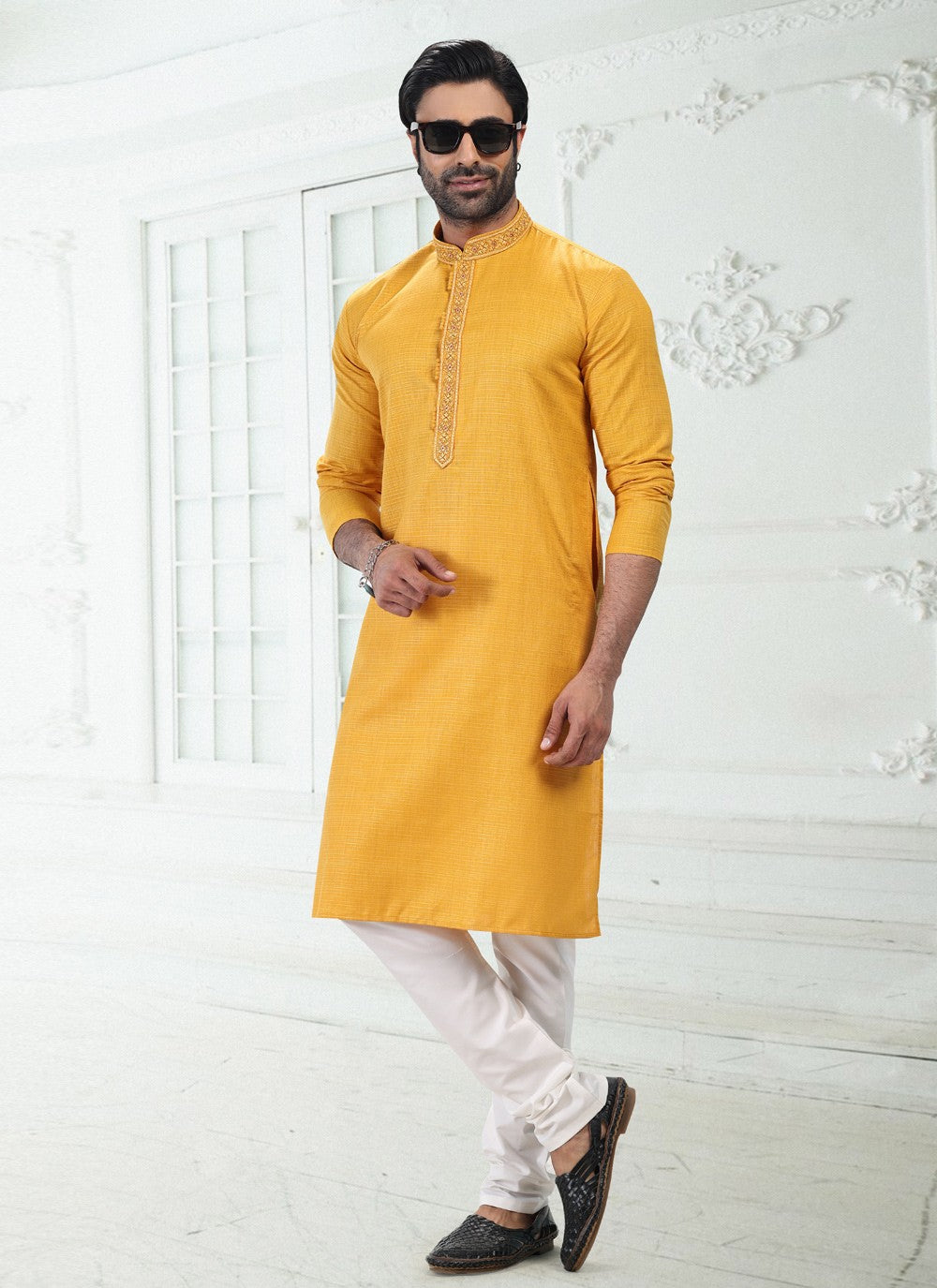 Thread Cotton , Linen Yellow Kurta Pyjama - M4895