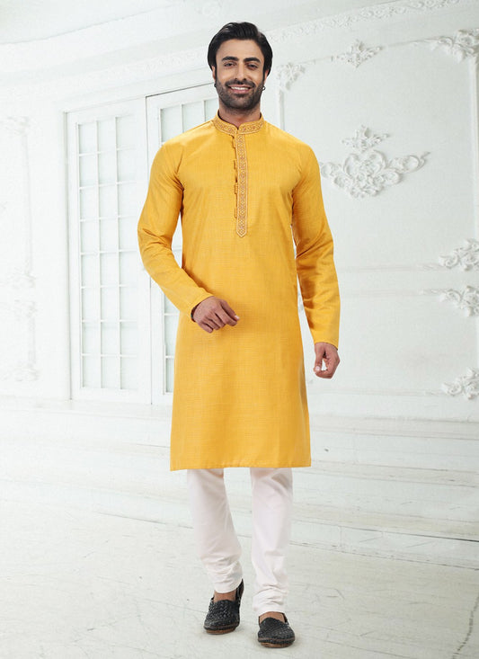 Thread Cotton , Linen Yellow Kurta Pyjama - M4895