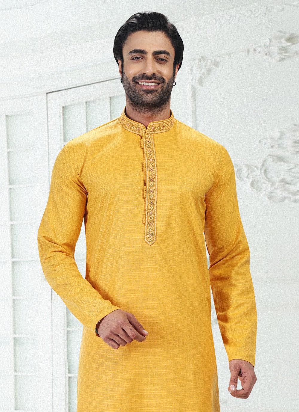 Thread Cotton , Linen Yellow Kurta Pyjama - M4895