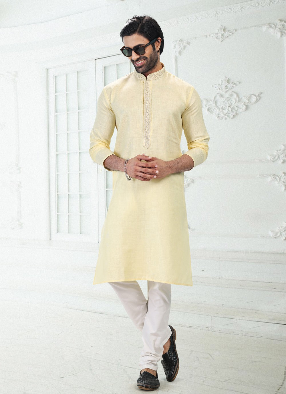 Thread Cotton , Linen Yellow Kurta Pyjama - M4890