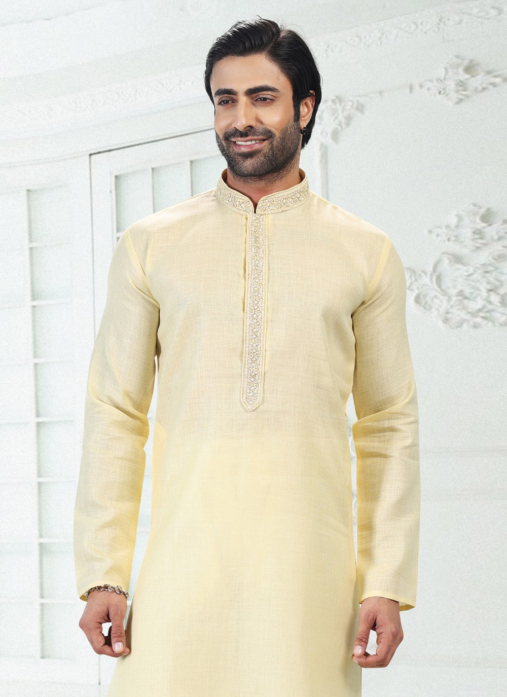 Thread Cotton , Linen Yellow Kurta Pyjama - M4890