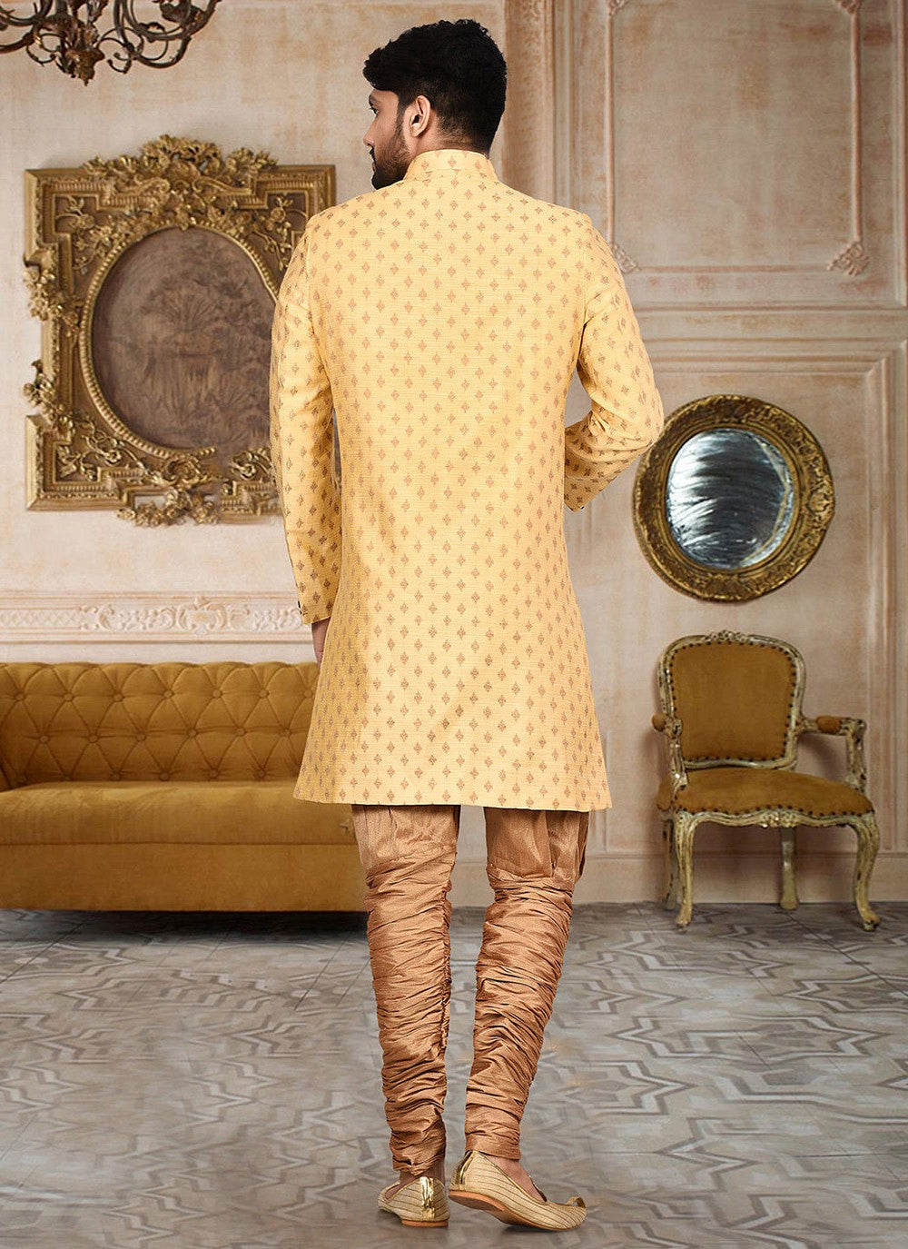 Zari Cotton , Linen Yellow Indo Western Sherwani - M2755