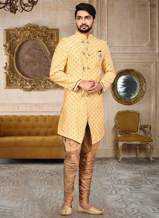 Zari Cotton , Linen Yellow Indo Western Sherwani - M2755