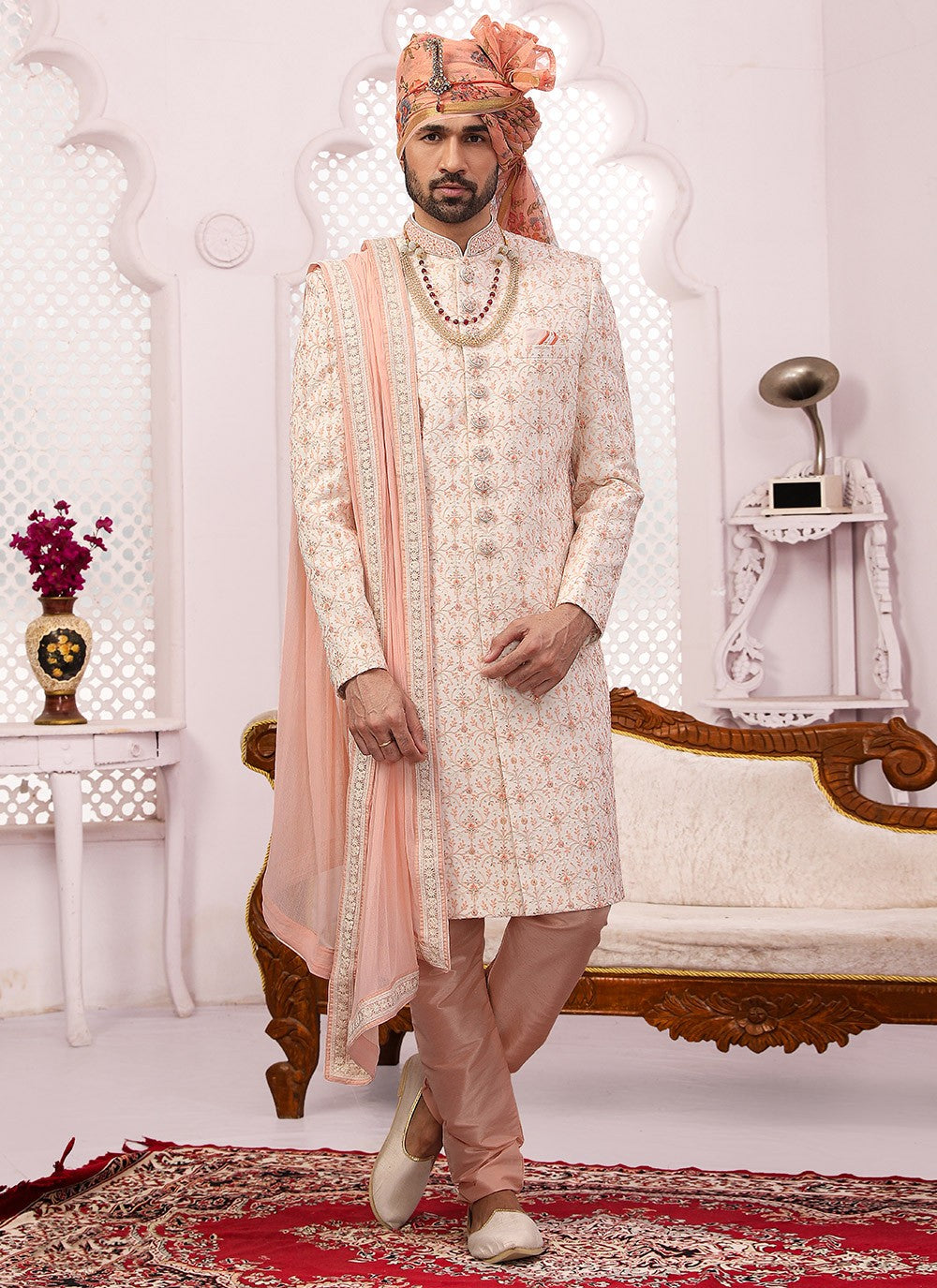 Embroidered Georgette, Lucknowi Cream Sherwani - M3321