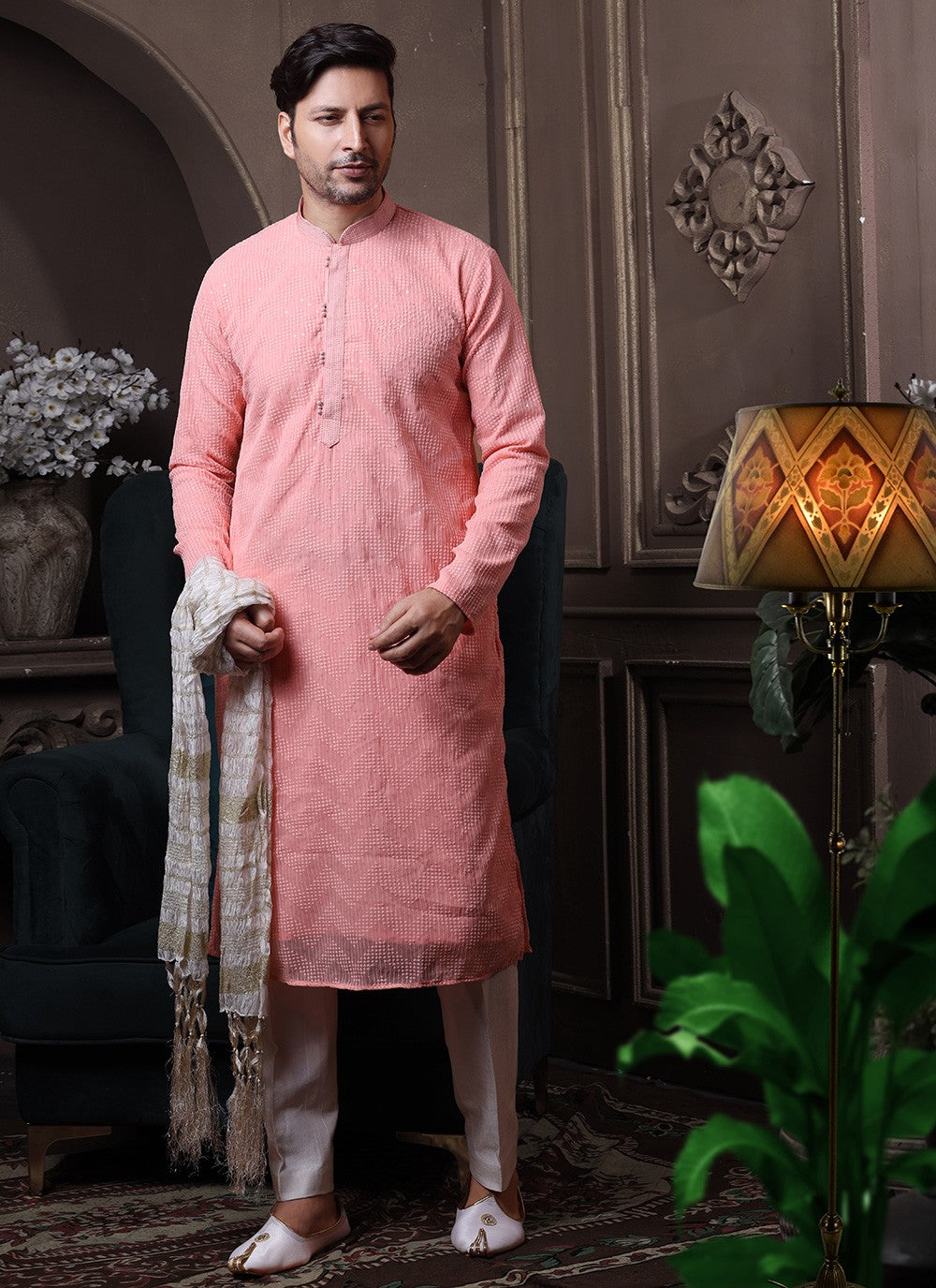 Embroidered Georgette, Lucknowi Pink Kurta Pyjama - M3644