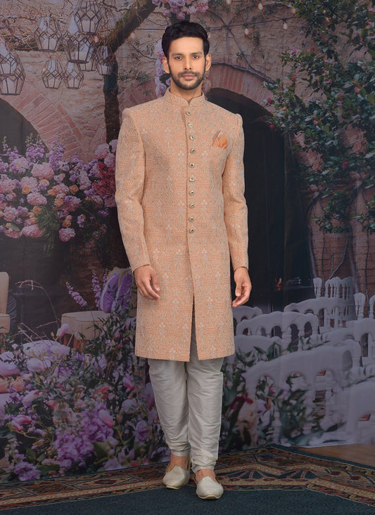 Embroidered Georgette, Lucknowi Peach Sherwani - M3298