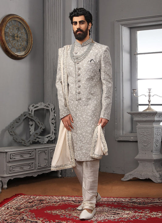 Embroidered Lucknowi Grey Sherwani - M3325