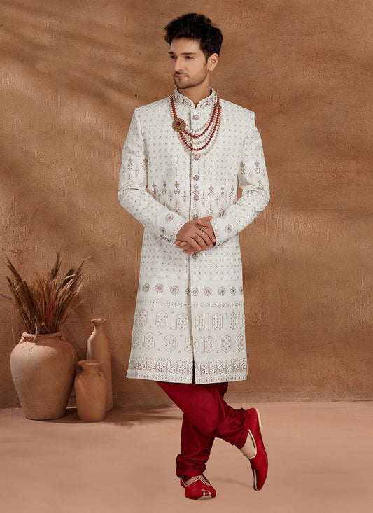 Fancy Work Lucknowi Off White Indo Western Sherwani - M2795