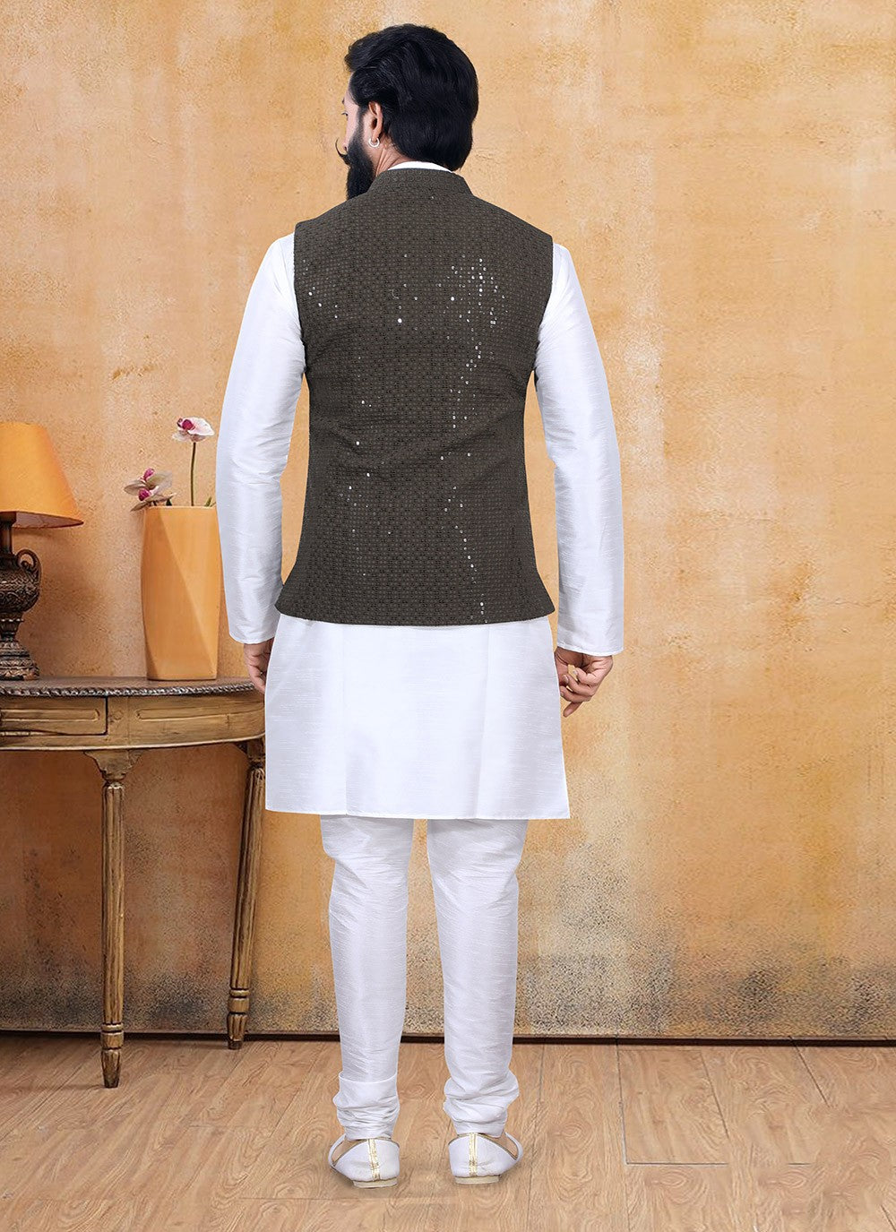 Fancy Work Lucknowi Black, Off White Kurta Payjama With Jacket - M3358