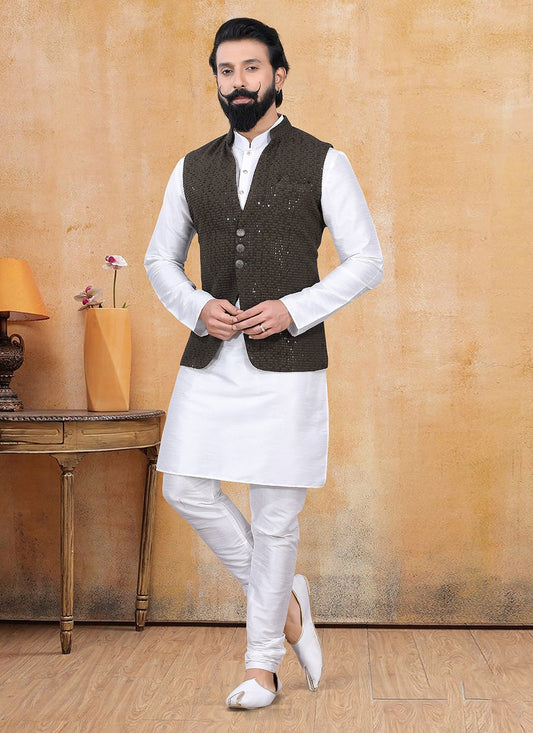 Fancy Work Lucknowi Black, Off White Kurta Payjama With Jacket - M3358