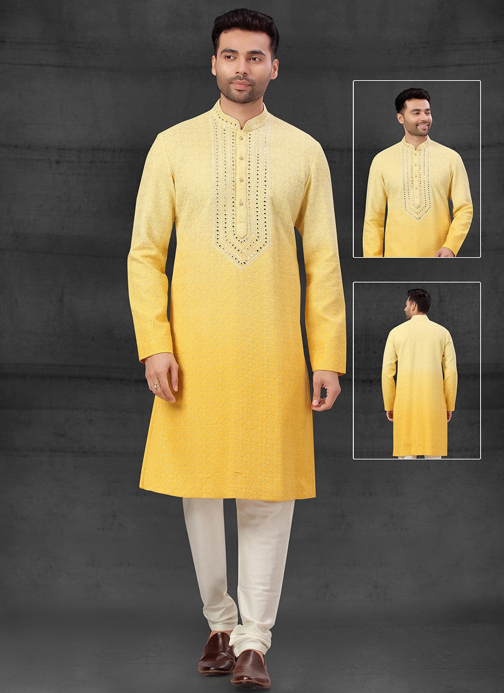 Embroidered Lucknowi Yellow Kurta Pyjama - M4098