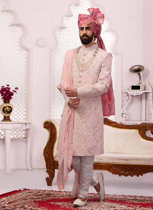 Embroidered Georgette, Lucknowi Pink Sherwani - M3319