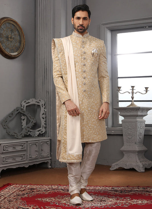 Embroidered Lucknowi Beige Sherwani - M3324