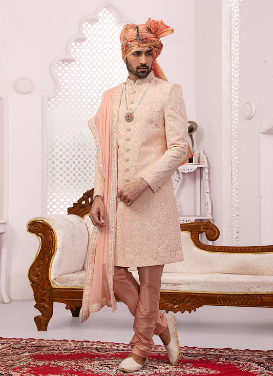 Embroidered Georgette, Lucknowi Peach Sherwani - M3320