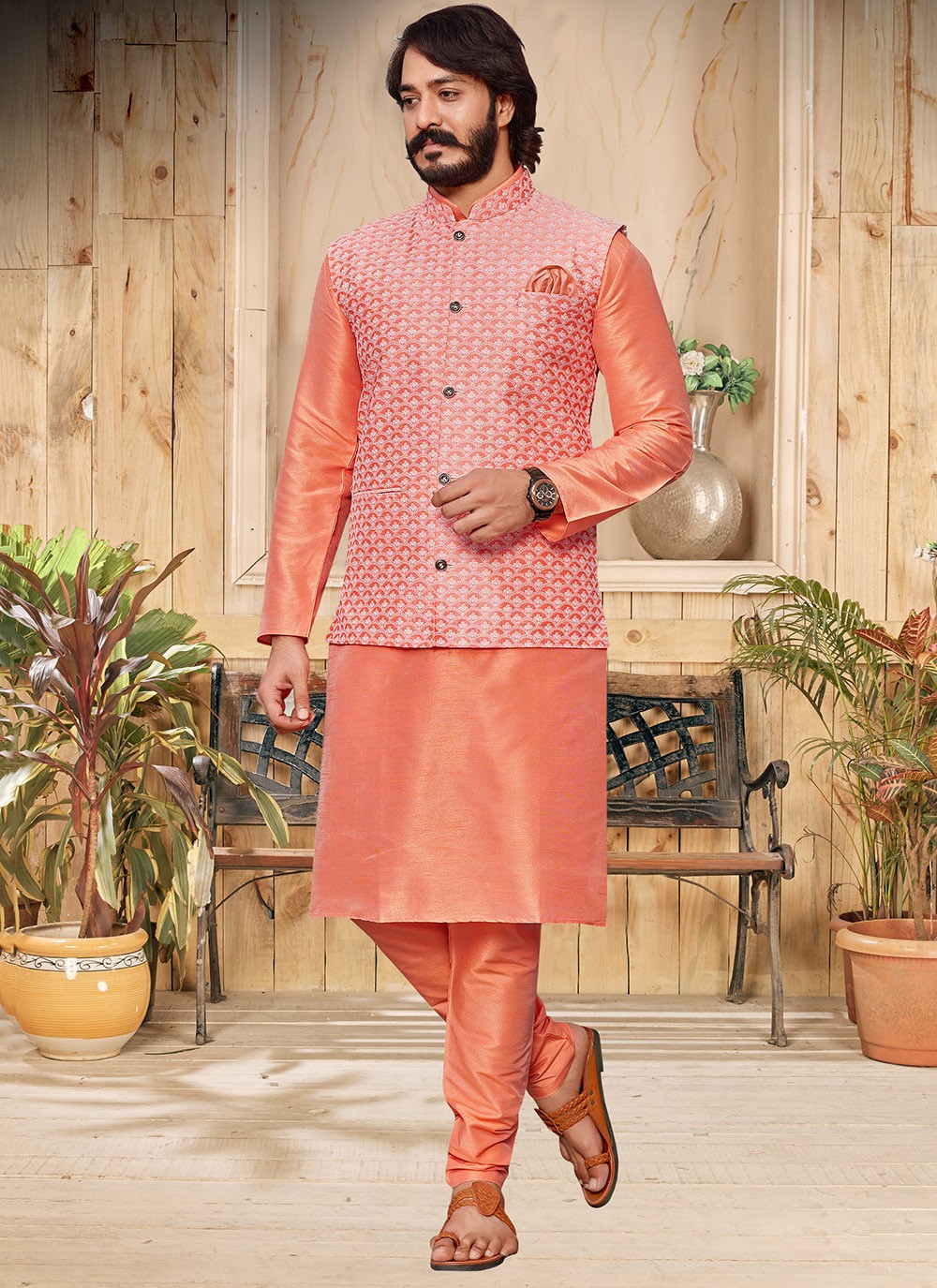 Lucknowi Work Art Silk Peach Kurta Payjama With Jacket - M2029