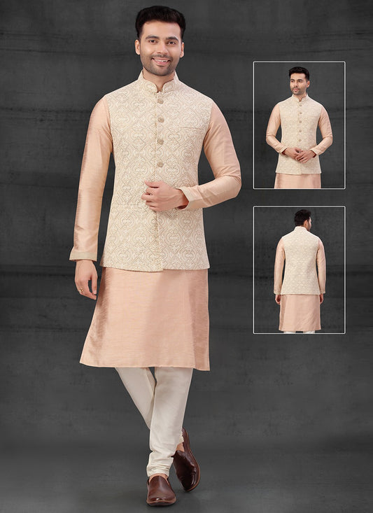 Lucknowi Work Silk Peach Kurta Payjama With Jacket - M4100