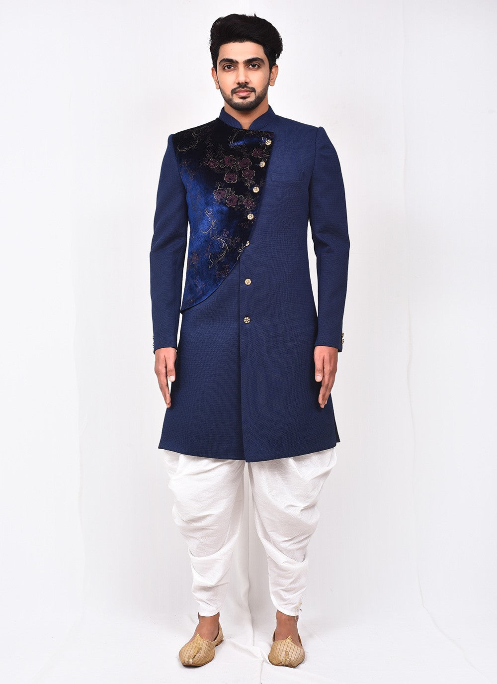 Buttons Lycra Blue Indo Western Sherwani - M3283