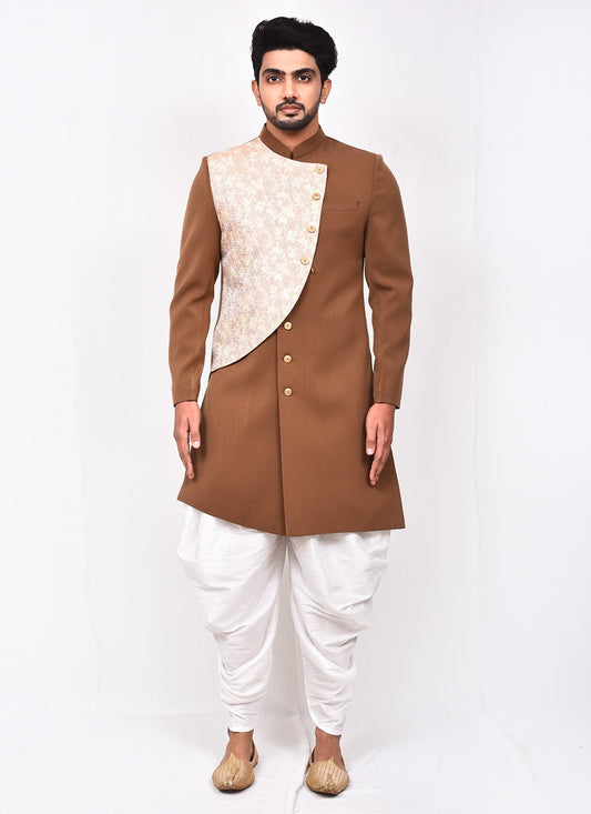 Buttons Jacquard, Lycra Rust Indo Western Sherwani - M3288