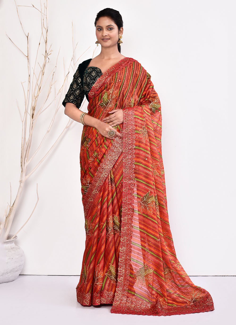 Contemporary Hand Embroidery Georgette Saree - S5499