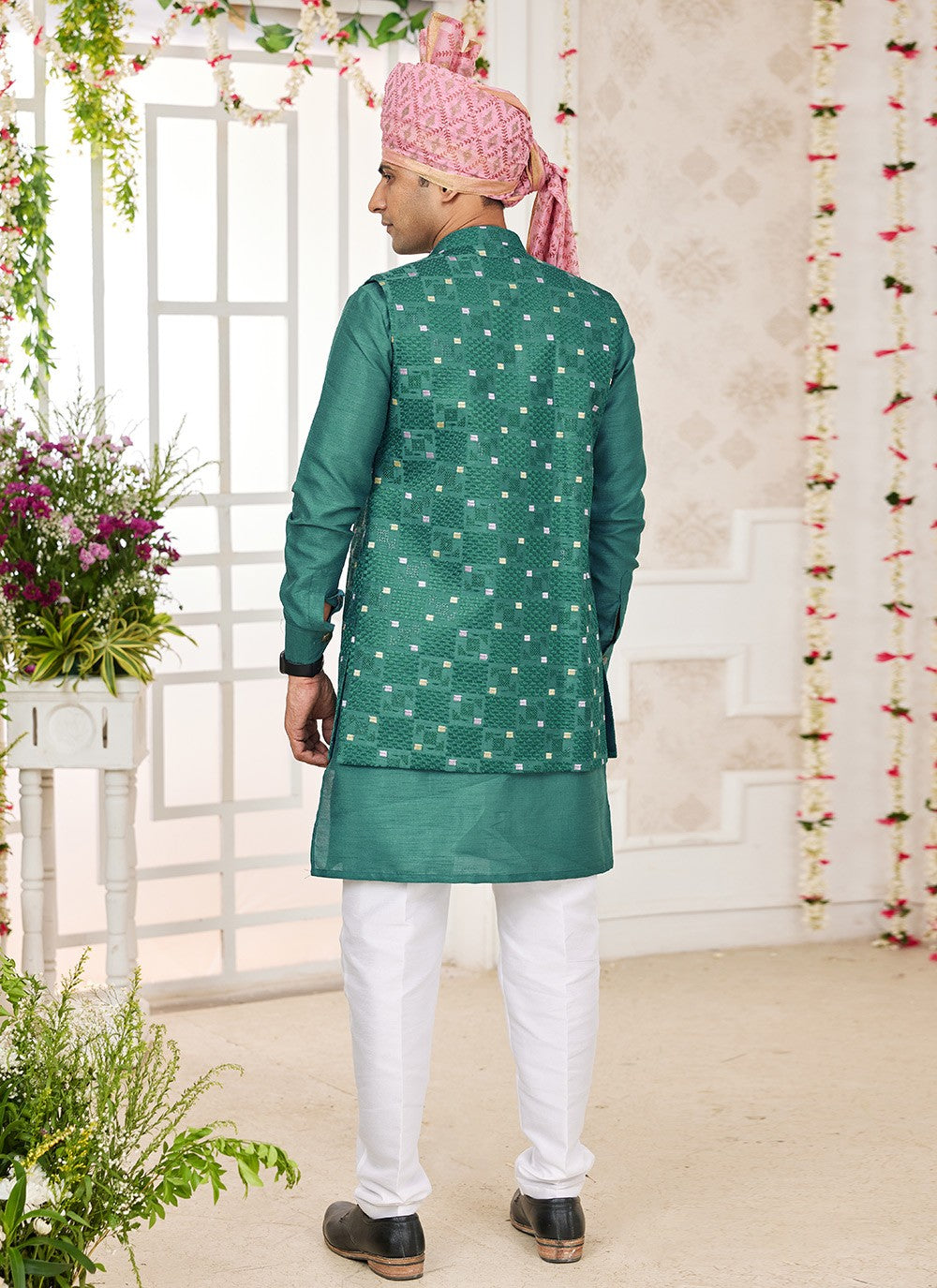 Machine Embroidery Banarasi Silk Green Kurta Payjama With Jacket - M8745