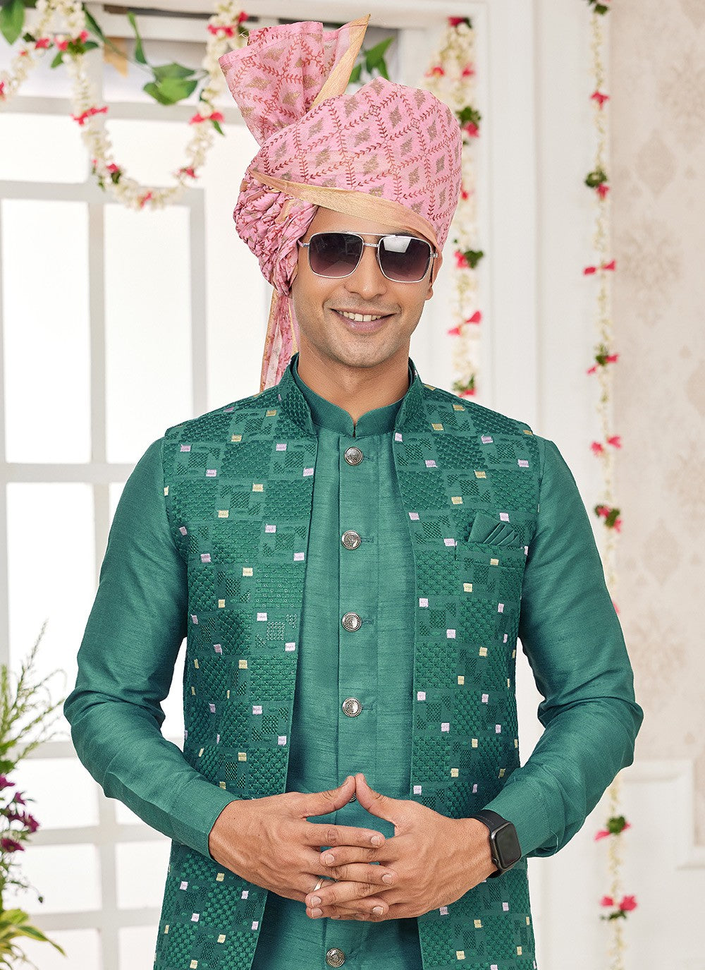 Machine Embroidery Banarasi Silk Green Kurta Payjama With Jacket - M8745