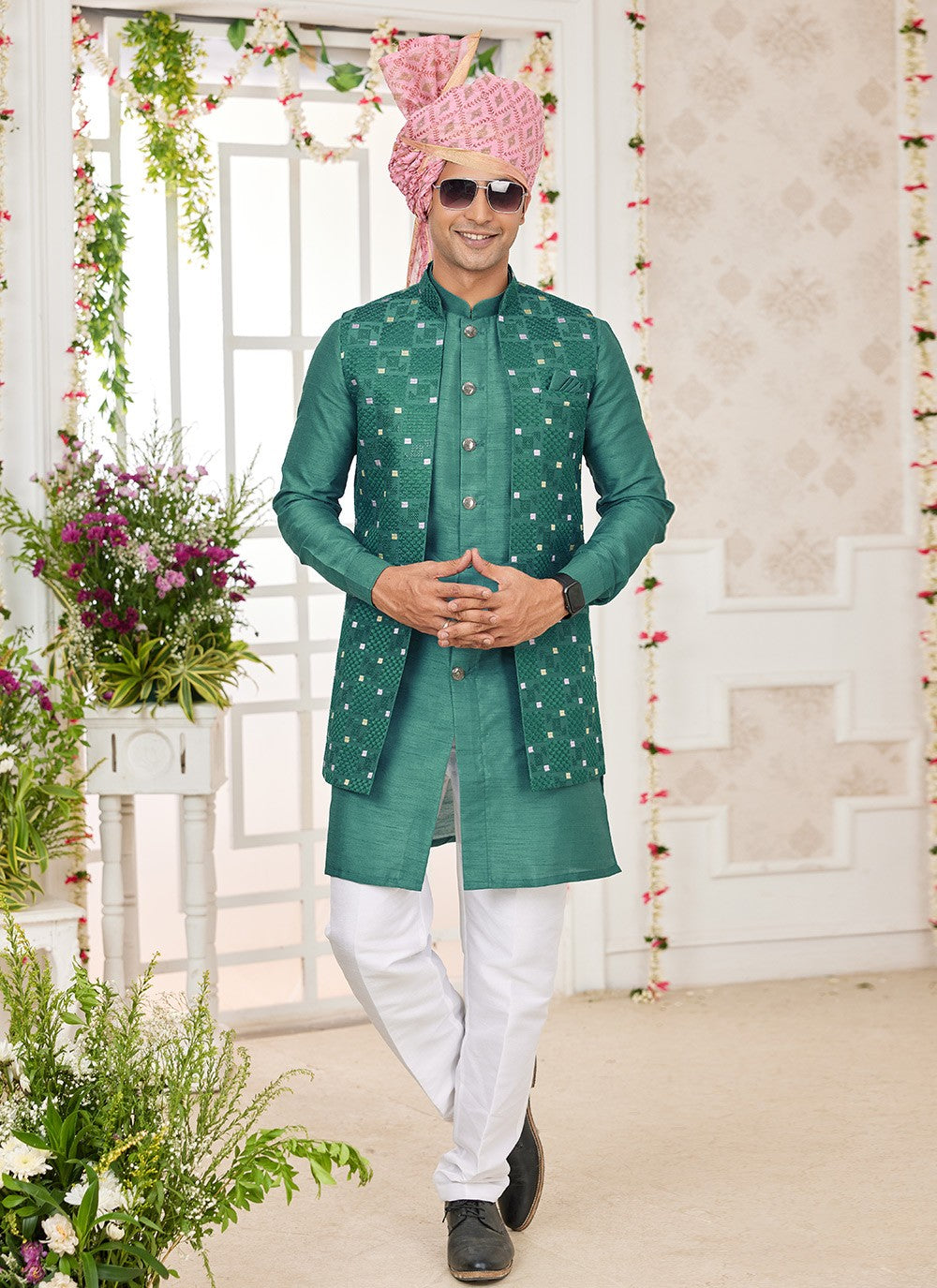 Machine Embroidery Banarasi Silk Green Kurta Payjama With Jacket - M8745