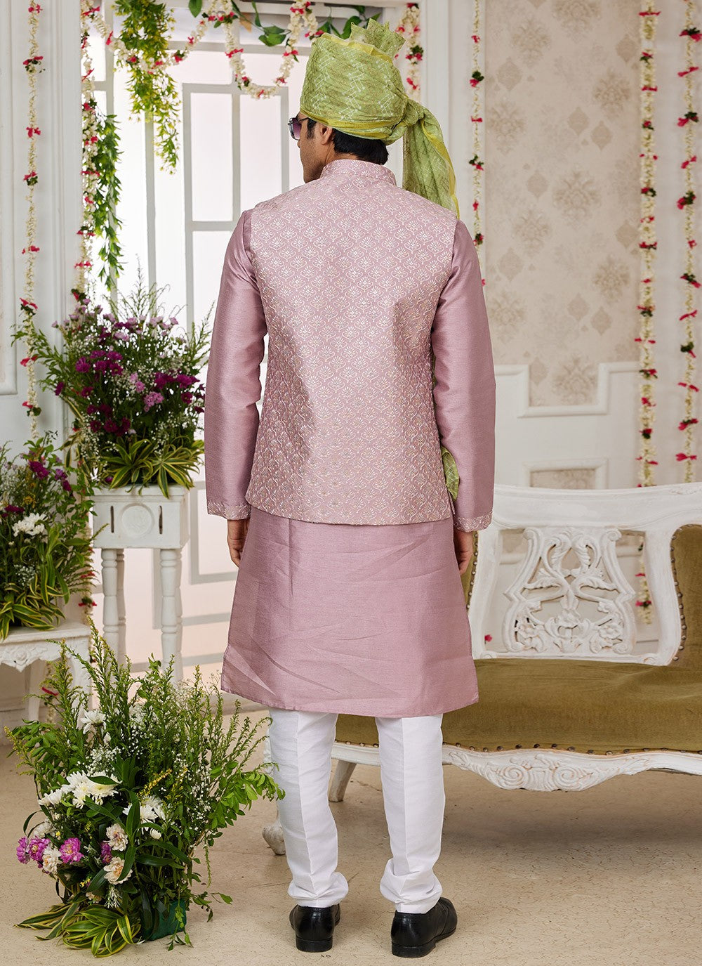 Machine Embroidery Banarasi Silk Pink Kurta Payjama With Jacket - M8746