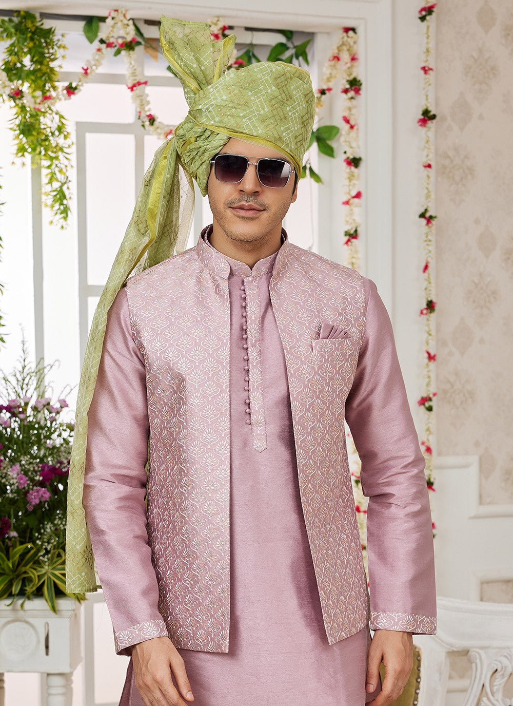 Machine Embroidery Banarasi Silk Pink Kurta Payjama With Jacket - M8746